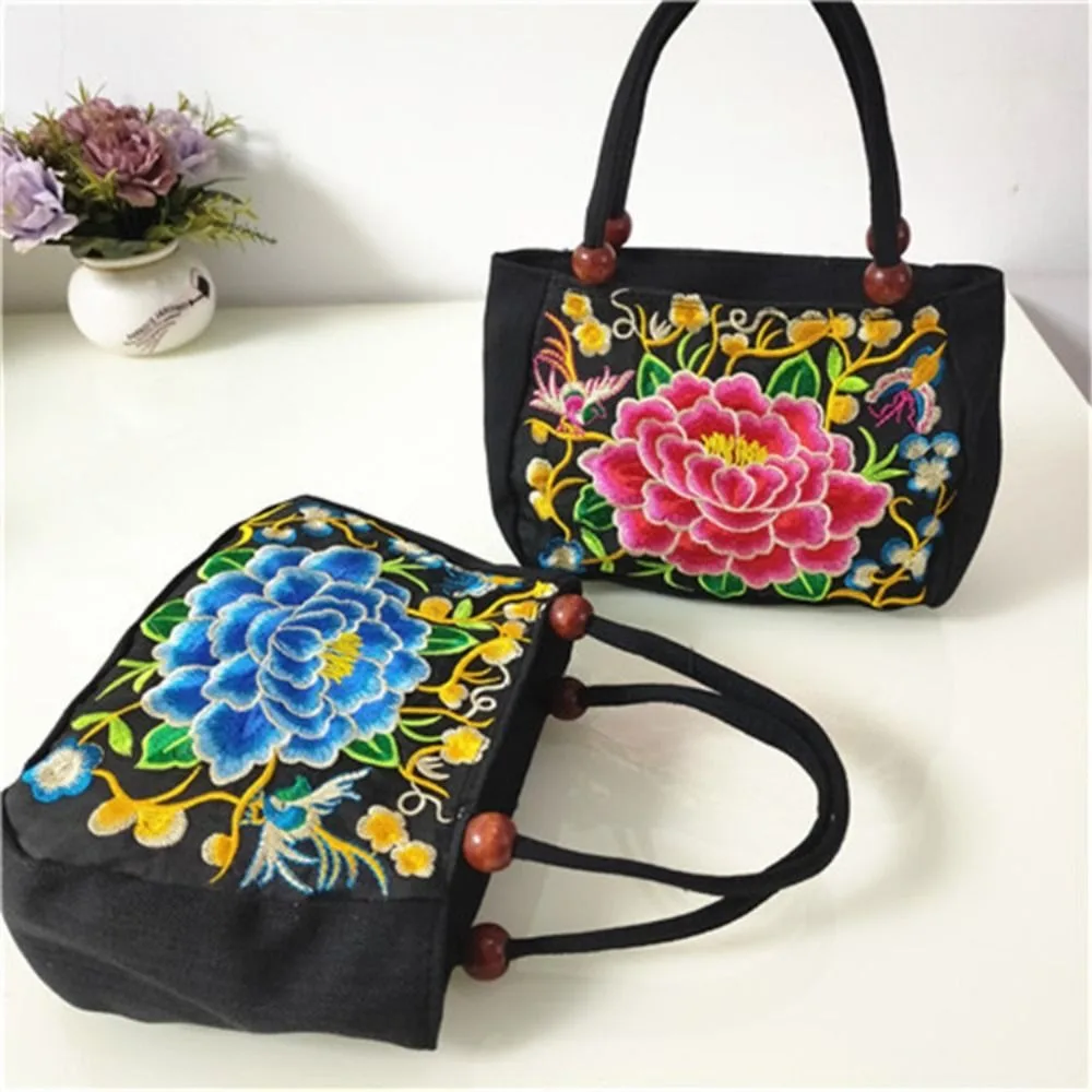 

Sweet Bird Embroidery Flower Handbag Canvas Leaf Ethnic Style Tote Bag Phone Bag Korean Style Rose Flower Shoulder Bag Shopping