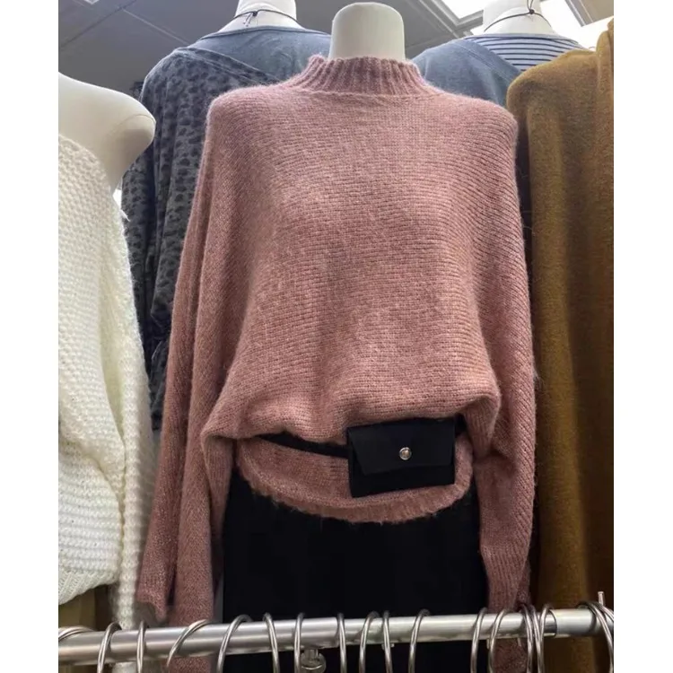 سترة نسائية محبوكة عالية Ne Long Sve Batwing Sve Lazy Sle قسط غرامة الصوف علوية الخريف الشتاء Faion