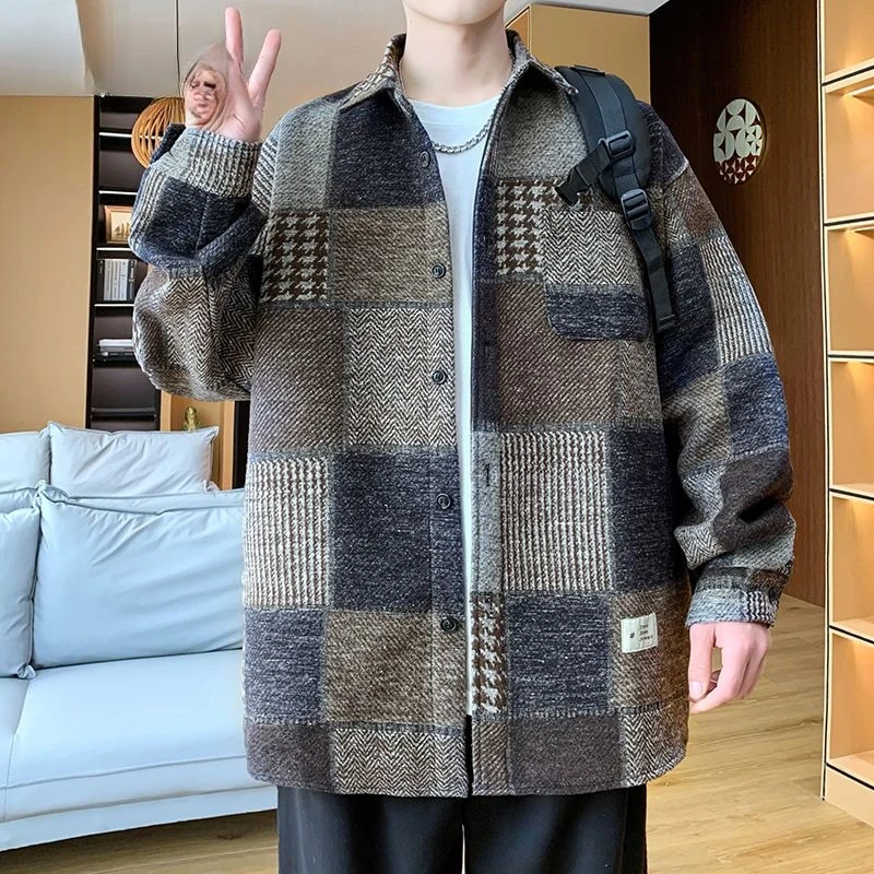 Men's Autumn Spring Top Coat Shirt Plaid Retro Simple Comfortable Loose Casual Design Fashion Advanced Niche Versatile Skinny