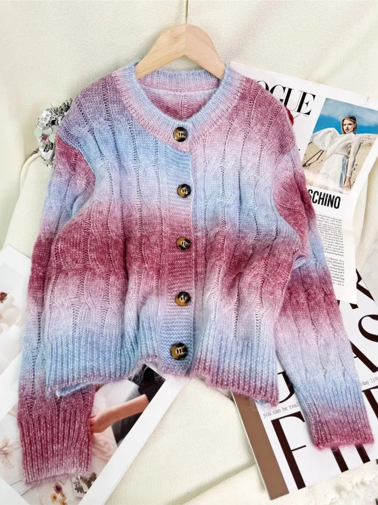 

Autumn And Winter New Color Contrast Striped Knitted Cardigan Top Round Neck Casual Commuting Women's Long-sleeved Sweater