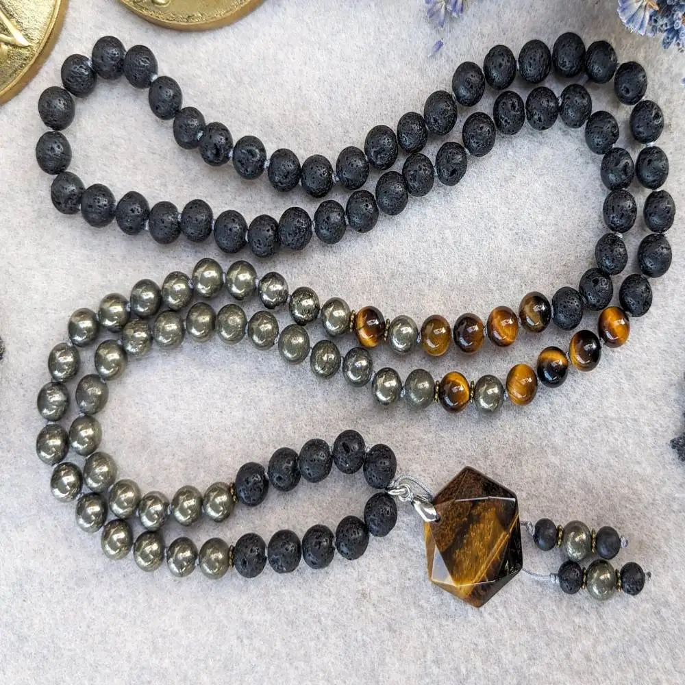 

Natural Lava Rock 108 Beads Mala Necklace with Tiger's Eye & Pyrite Accent Tiger's Eye Pendant Spiritual Jewelry