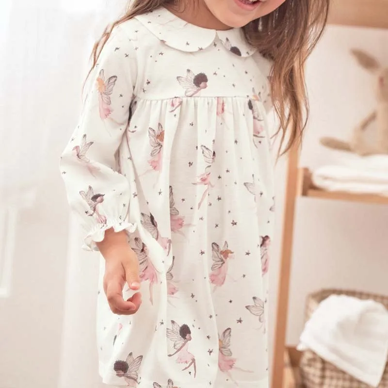 Little maven 2024 Baby Girls Cotton Dress Long Sleeves Children Casual Clothes White Soft and Comfort for Kids 2-7 year