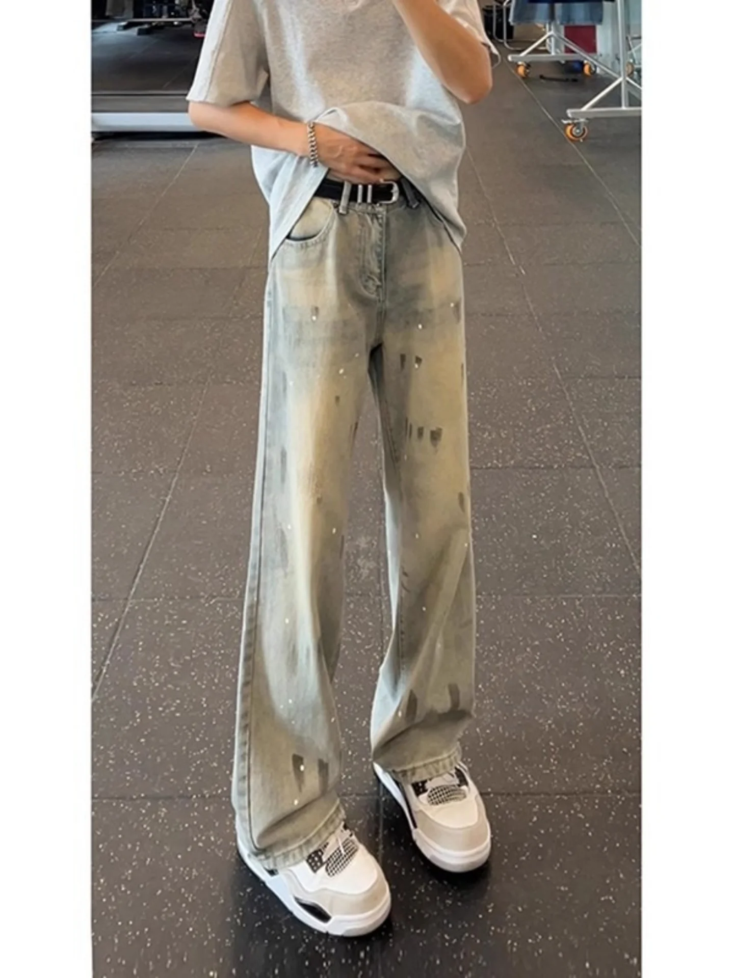 American Graffiti Splatter Denim Jeans Men's Spring Autumn Cleanfit Washed Vintage Straight Leg Micro Flared Pants