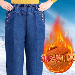 Denim Trousers Winter Add Velvet Padded Women Middle-Aged Elderly Mothers Elastic Waist Loose Elastic Straight Wide-Leg Pants