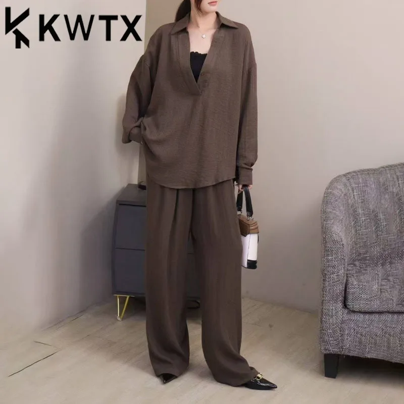 

KWTX Women's Two Piece Suit Set V-Neck Pullover Shirt Wide Leg Pants Elegant Minimalist Casual Solid Spring Summer 2025 Outfit