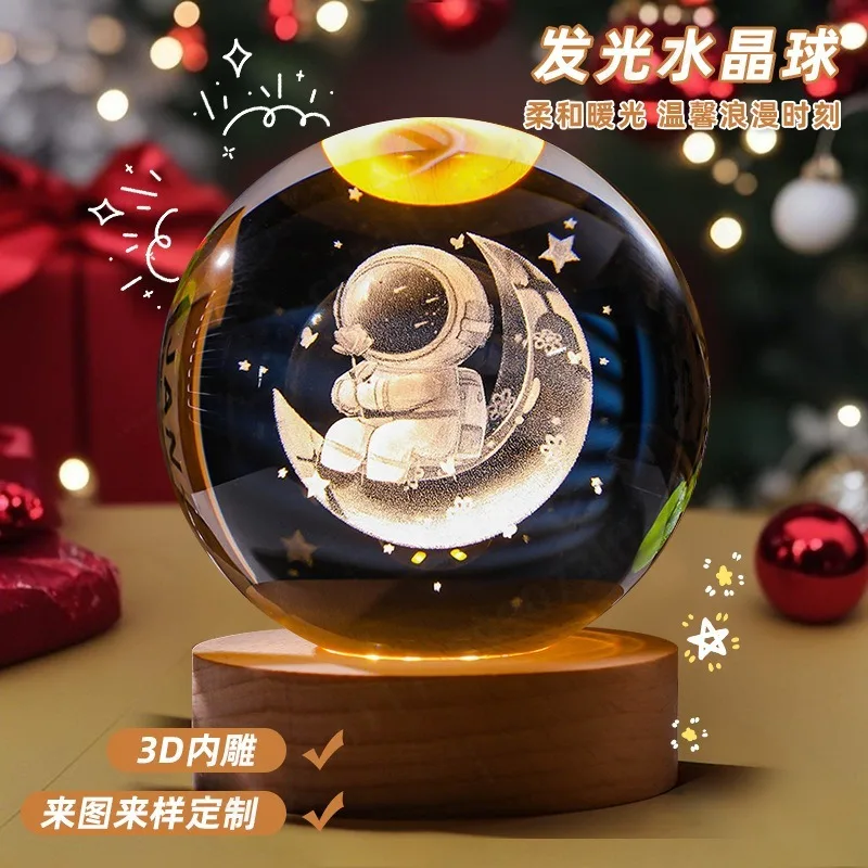 8Cm Luminous Crystal Ball Night Light Wooden Base 3D Engraved Decorative Light Creative Christmas Desktop Holiday Gift Small