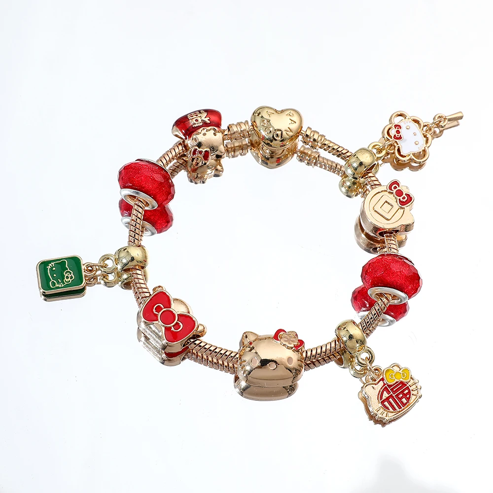 Sanrio Enamel Charm Bracelet, Christmas Holiday Jewelry, Hello Kitty Bangle, Fashion Crystal Beads, Hand Chain, Xmas Gifts