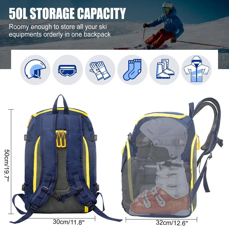 50L Outdoor Ski Boot Bag Large Capacity Travel Backpack for Ski Helmet Goggles Gloves Skis Snowboard & Accessories