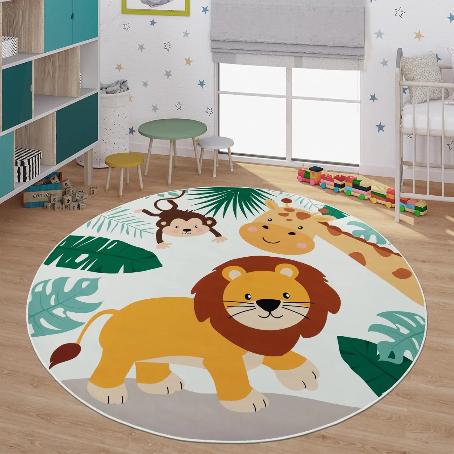 Soft Round Jungle Animal Print Kids Play Mat Nursery Rug Safari Theme Lion Giraffe Monkey Floor Decor for Baby Room