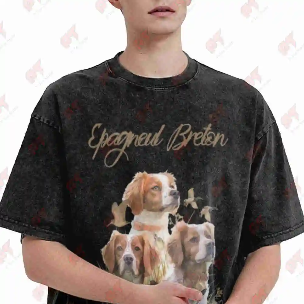 Brittany Spaniel Passion For Birds Vintage Washed Tee Pure Cotton T-Shirt