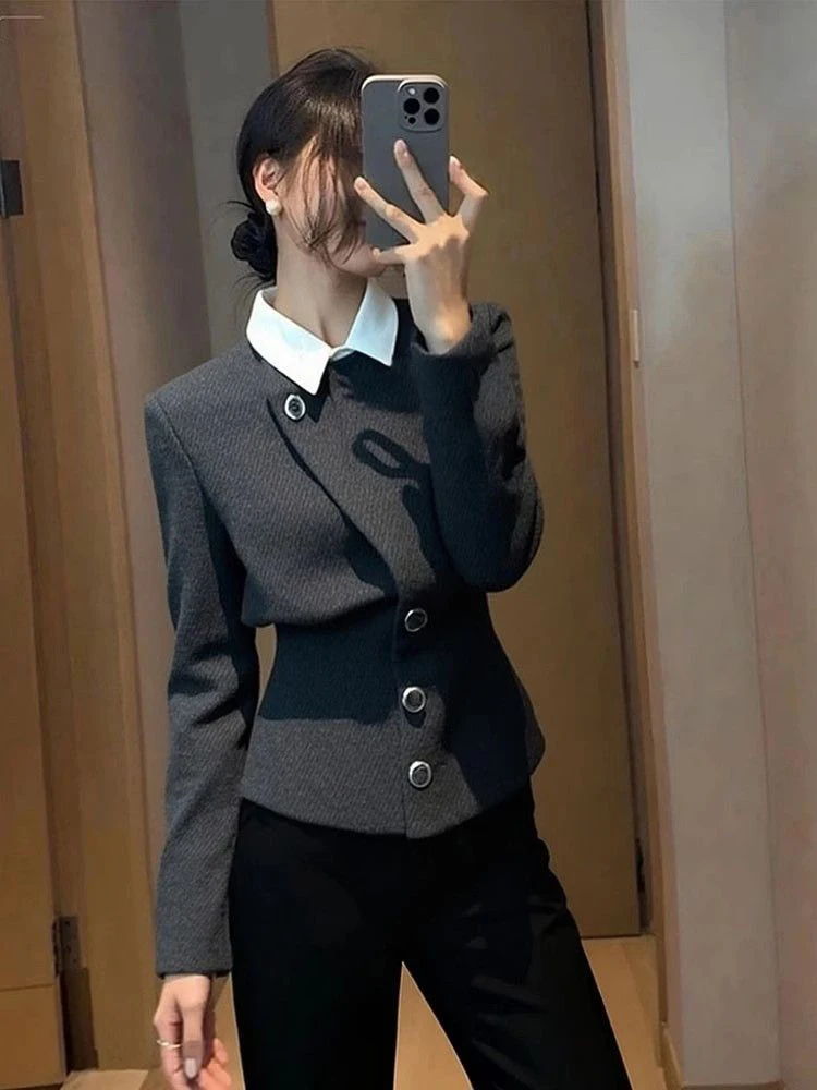 سترات نسائية خفيفة فاخرة بقصة ضيقة مكونة من قطعتين بدلة بأزرار مرقعة سترة خريف عتيقة للمكتب للسيدات قطع علوية بسيطة