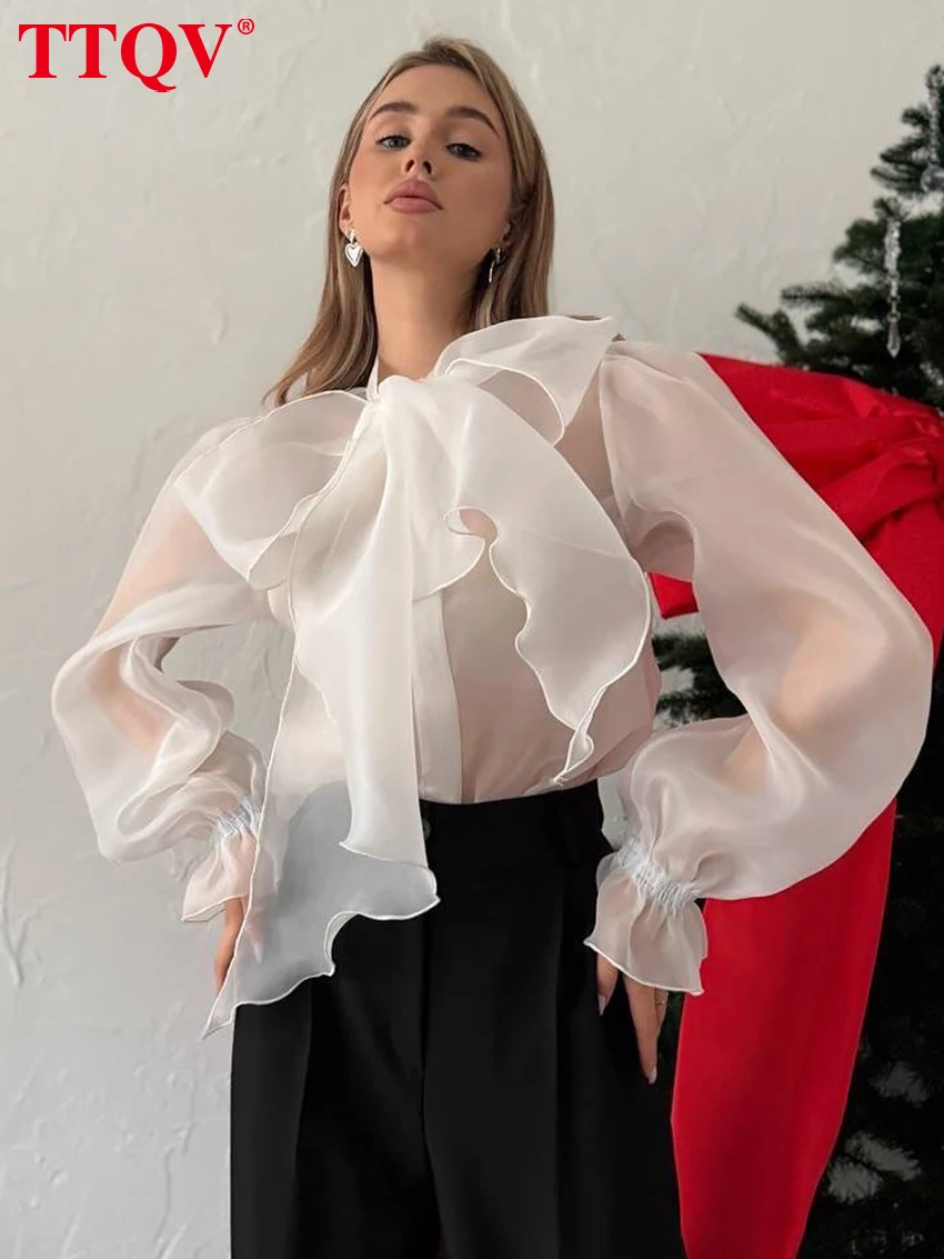 

TTQV Fashion Loose White Women's Shirt 2026 Spring Bow Collar Long Sleeve Shirts Elegant Classic Lace-Up Top Female Clothing