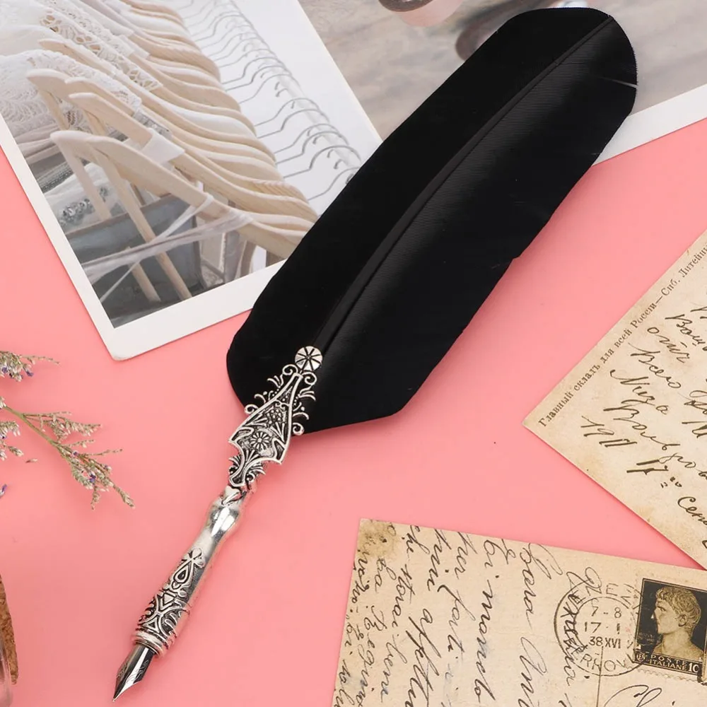 Gift Box Feather Vintage Quill Pen Multi Color Metal Nib Calligraphy Pen Classic Shape Portable Size Feather Pen Office Writing