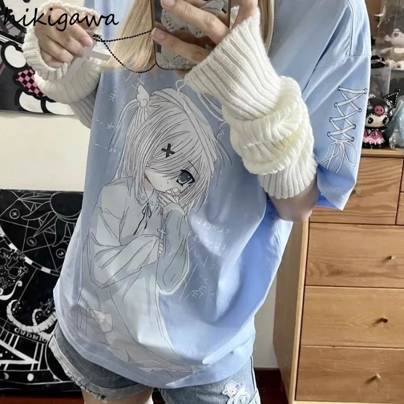 Japońskie Anime koszulki damskie z krótkim rękawem z okrągłym dekoltem letnie koszulki modne casualowe T-shirty urocze swetry typu oversize 2024