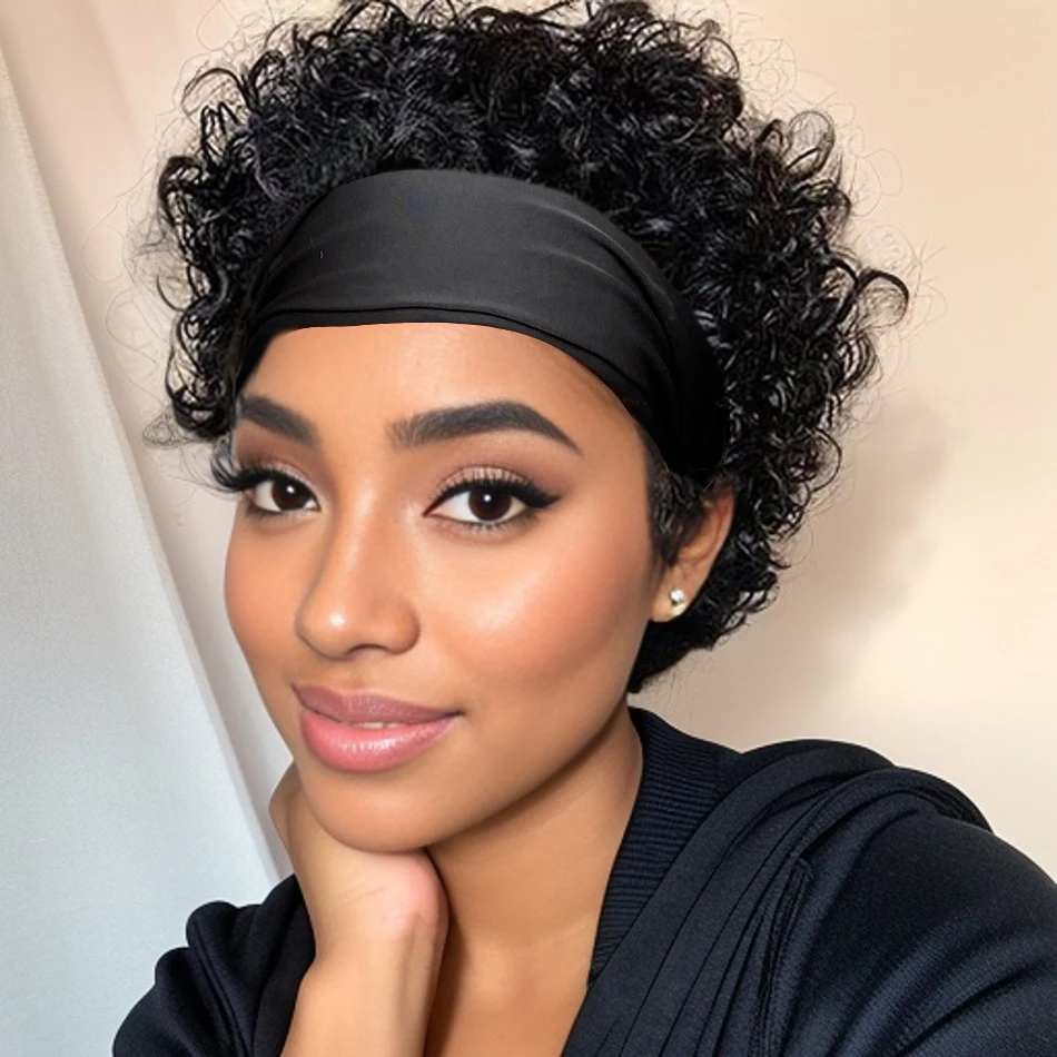여성용 짧은 곱슬머리 머리띠 가발 인모 전체 기계 제작 가발