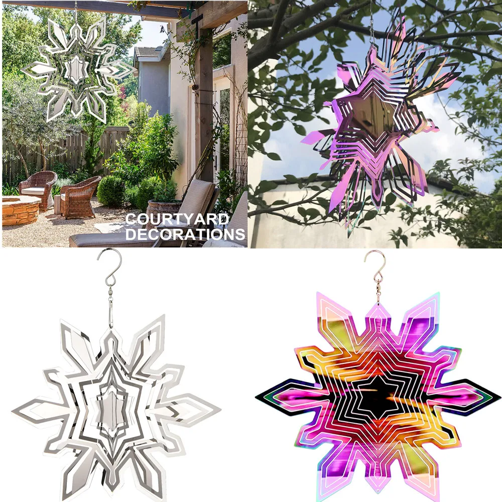 Wind Chime Hanger Mirror Stainless Steel 3D Rotating Dynamic Snowflake Wind Spinder For Outdoor Home Garden Ornaments Decor