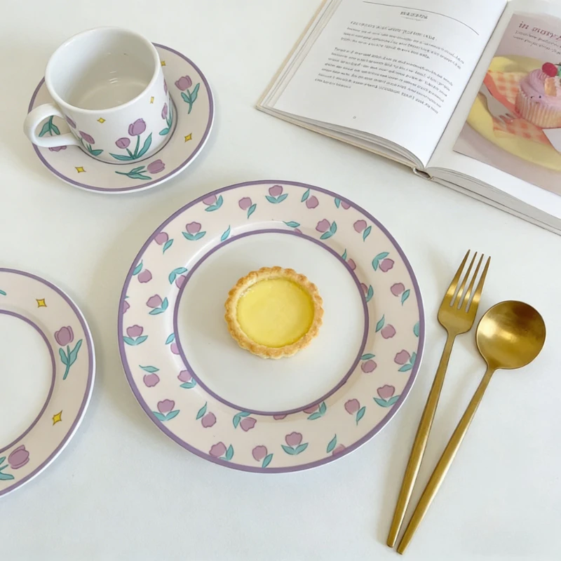 

Винтажные кремово-фиолетовые тарелки-тюльпаны, высокий уровень внешнего вида, корейский стиль, тарелка для завтрака, послеобеденный чай, десертная тарелка для торта, посуда