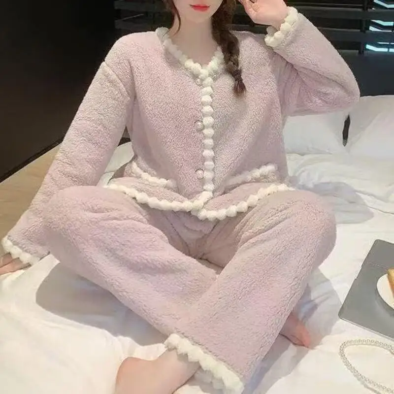 الأميرة الدانتيل المرجان الخامس الرقبة المخملية منامة مجموعات فتاة طويلة الأكمام الحلو Kawaii الترفيه ارتداء الدفء الخريف الشتاء الملابس جديد