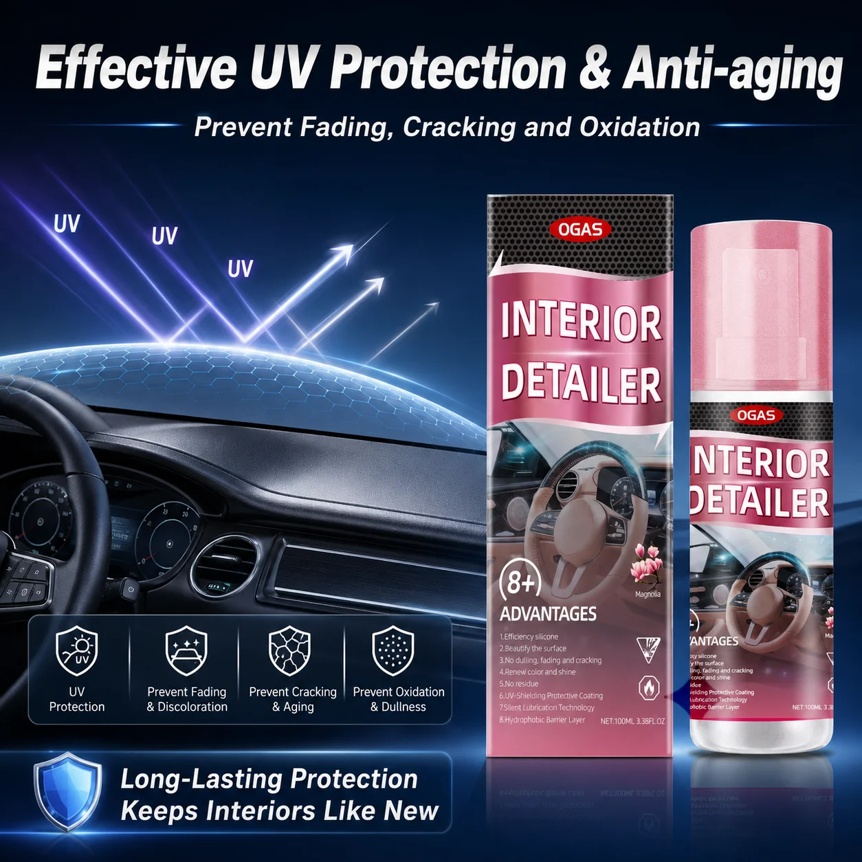 Car Interior Cleaner Polish Spray Deep Stain Remover Anti Aging UV Protection Quick Dry No Residue for Leather Plastic Dashboard