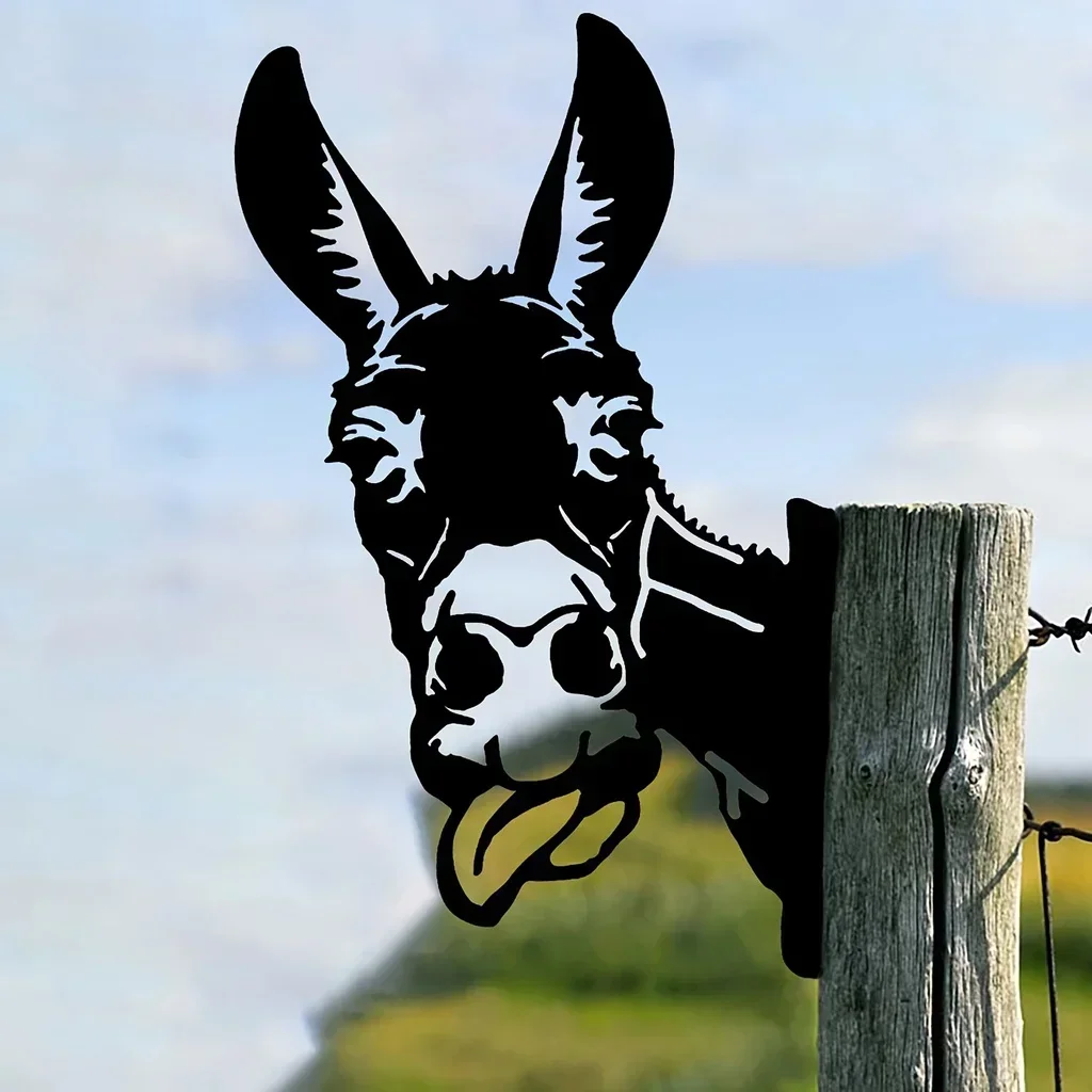 metal iron  Tongue Out Donkey Shape Iron Silhouette Decor Cute Ornament Outdoor Garden Fence Farm Craftwork Decor Garden Party D