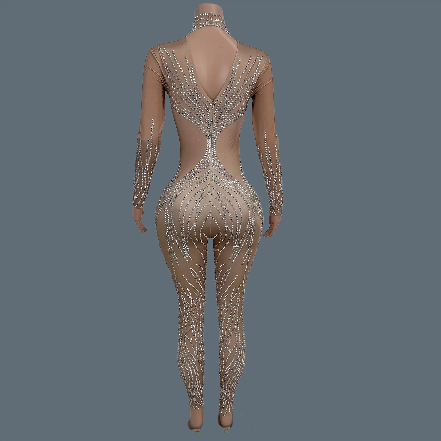 Sexy Women Curve Spandex Tight Fitting Jumpsuit Sparkly Silver Rhinestone Party Carnival Drag Queen Performance Outfit Kuangyin
