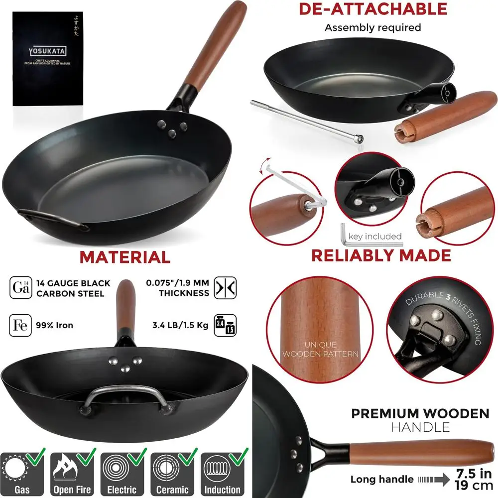 

Сковорода из углеродистой стали, 11,8 дюйма — предварительно приправленная, нетоксичная, сковорода без покрытия со съемной деревянной ручкой, кухонная вода вок-стиль