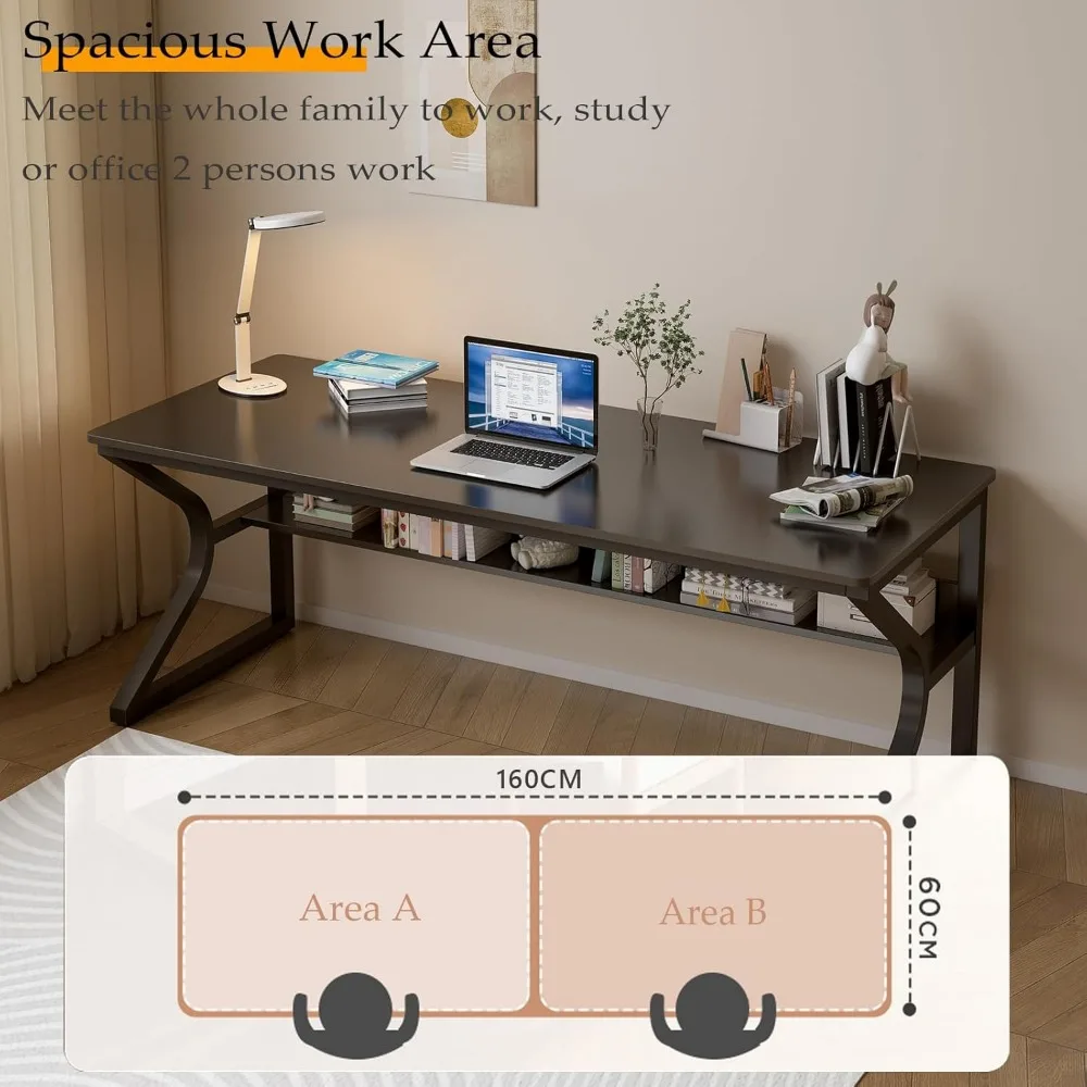 Eco-Friendly 63 Dual-Person Study Desk with Built-In Bookshelf for Home Office & Computer Workstation