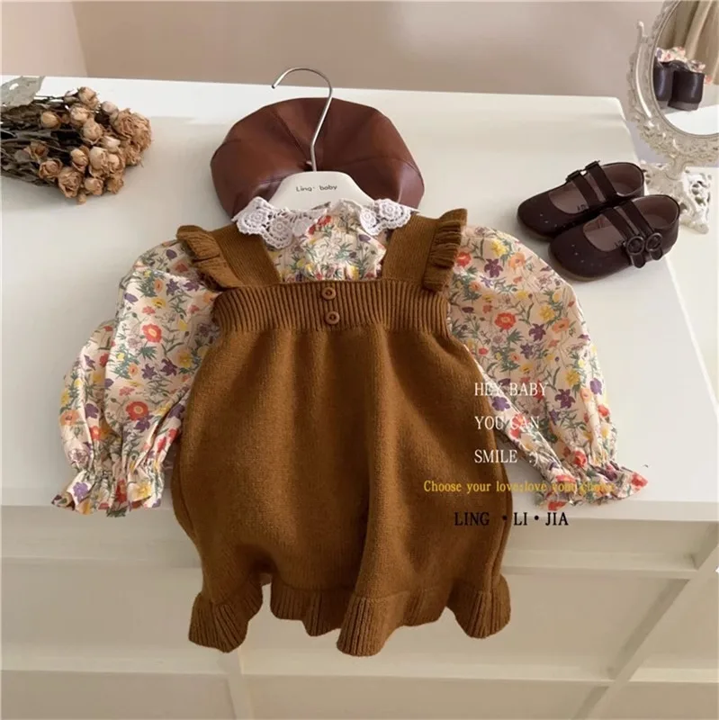 2025 Spring Autumn Children Girl 2PCS Clothes Set Flower Lace Shirts Solid Cotton Knitted Strappy Dress Suit Toddler Girl Outfit