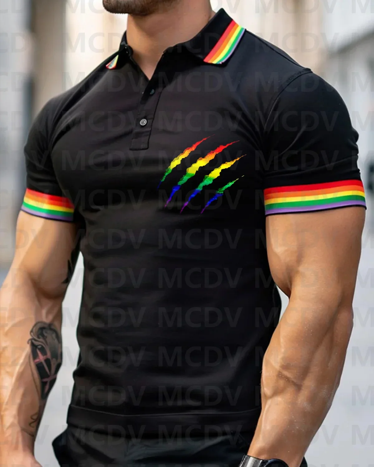 

Men's Rainbow Stripe Pink Polo Shirt 3D Printed Summer Polo Shirt