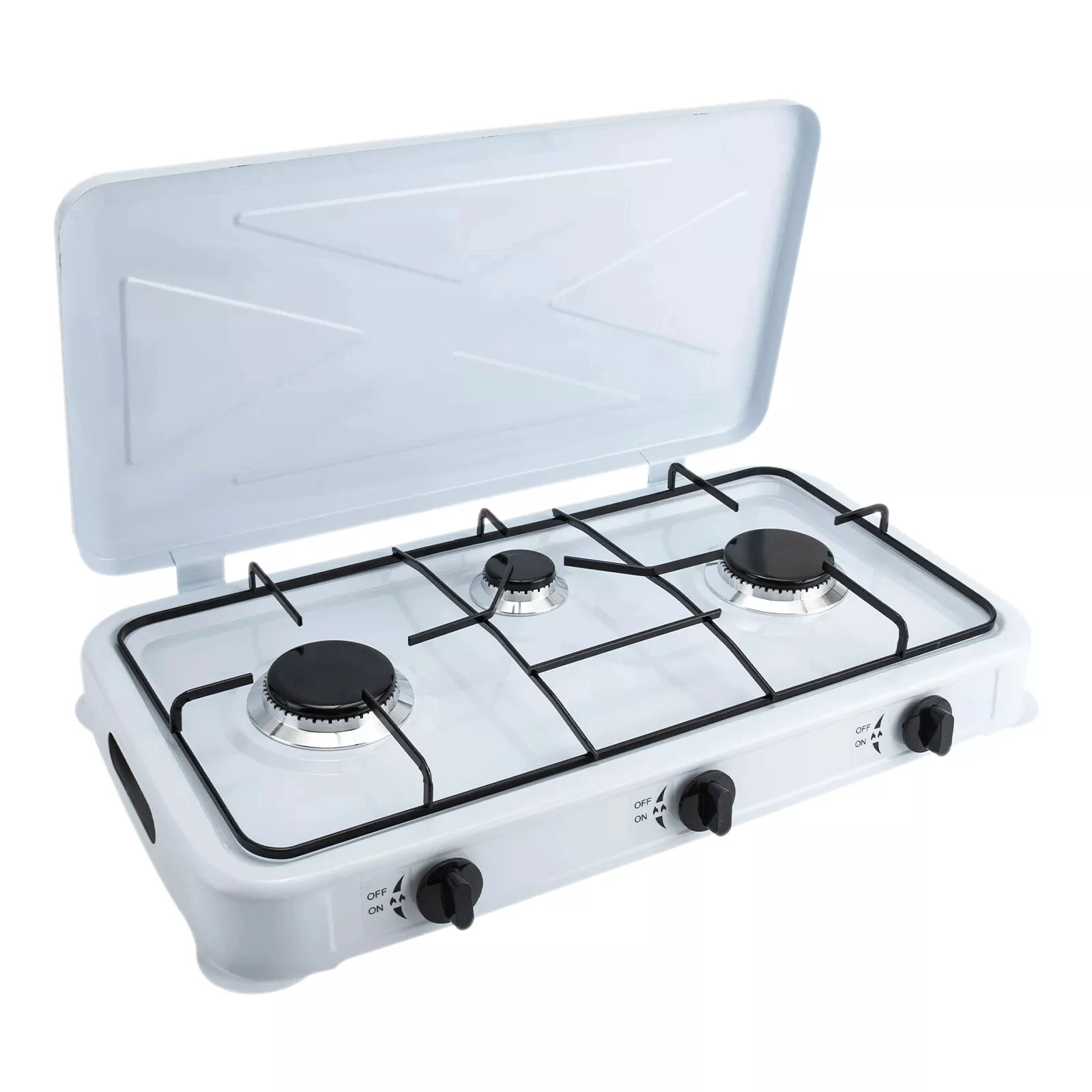 

3-Burner Gas Cooktop - White Rectangular Gas Stove with Cast Aluminum & Hose