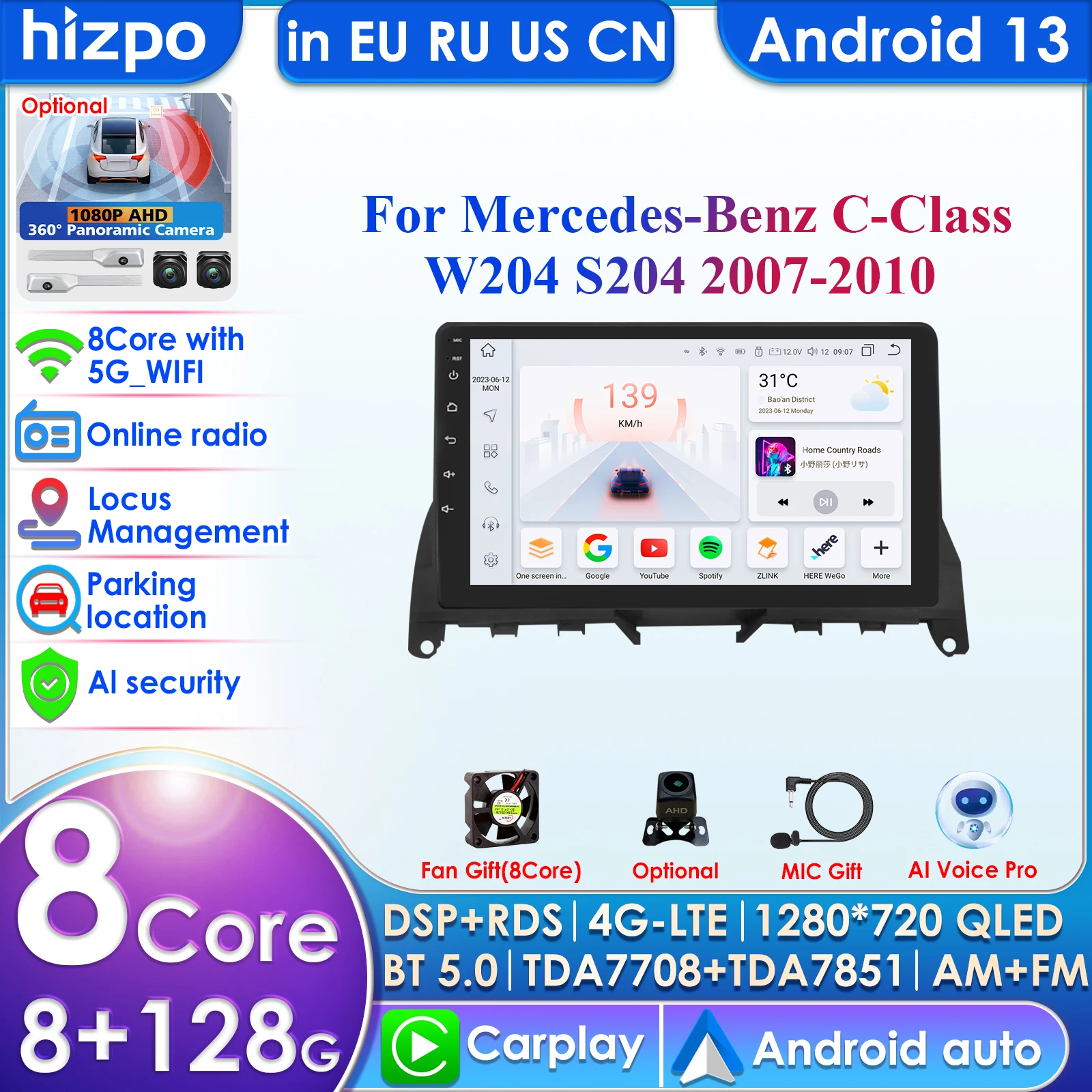 8GB+128GB 9'' 2Din Android 13 DSP RDS Car Auto Radio Multimedia Video Player for Mercedes Benz C-Class 3 W204 S204 2006-2011 GPS