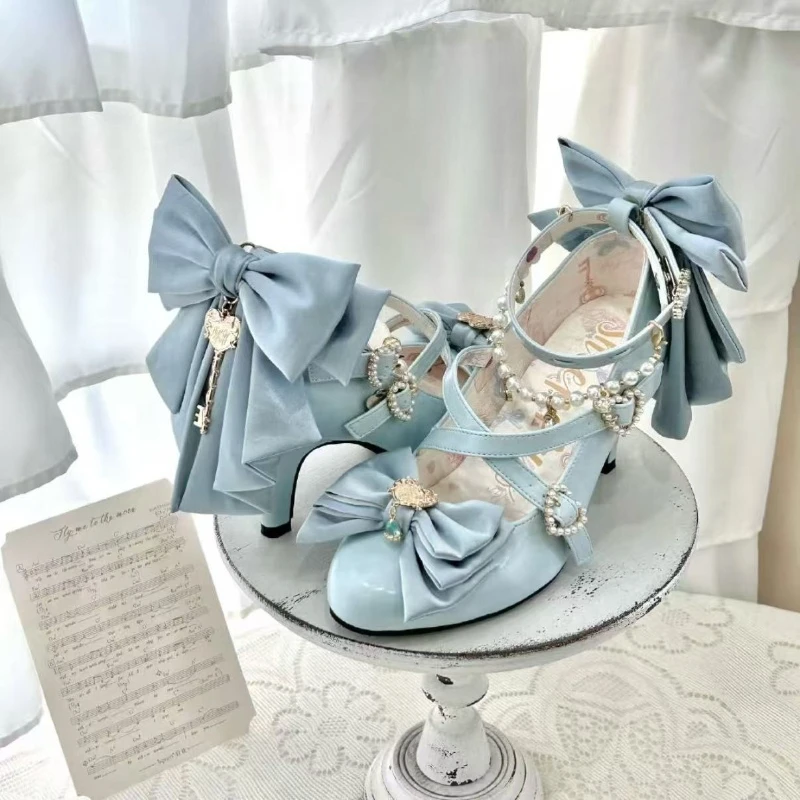Mid-heel Elegant Cute Lolita Bow Clip High Heels Cross Strap Women Mary Jane Pumps Wedding Party Ruffles Princess Cosplay Shoes