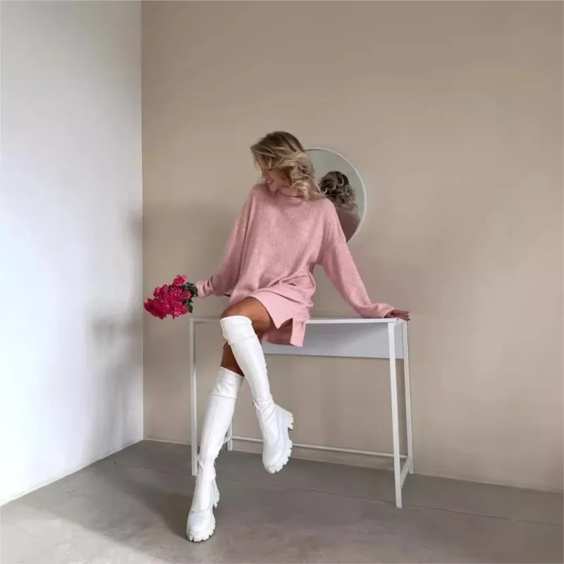 2025 Sexy Split Lose Gestrickte Hoodie Einfarbig Halb Hohen Kragen Langarm Herbst/Winter Pullover Kleid Licht Luxus