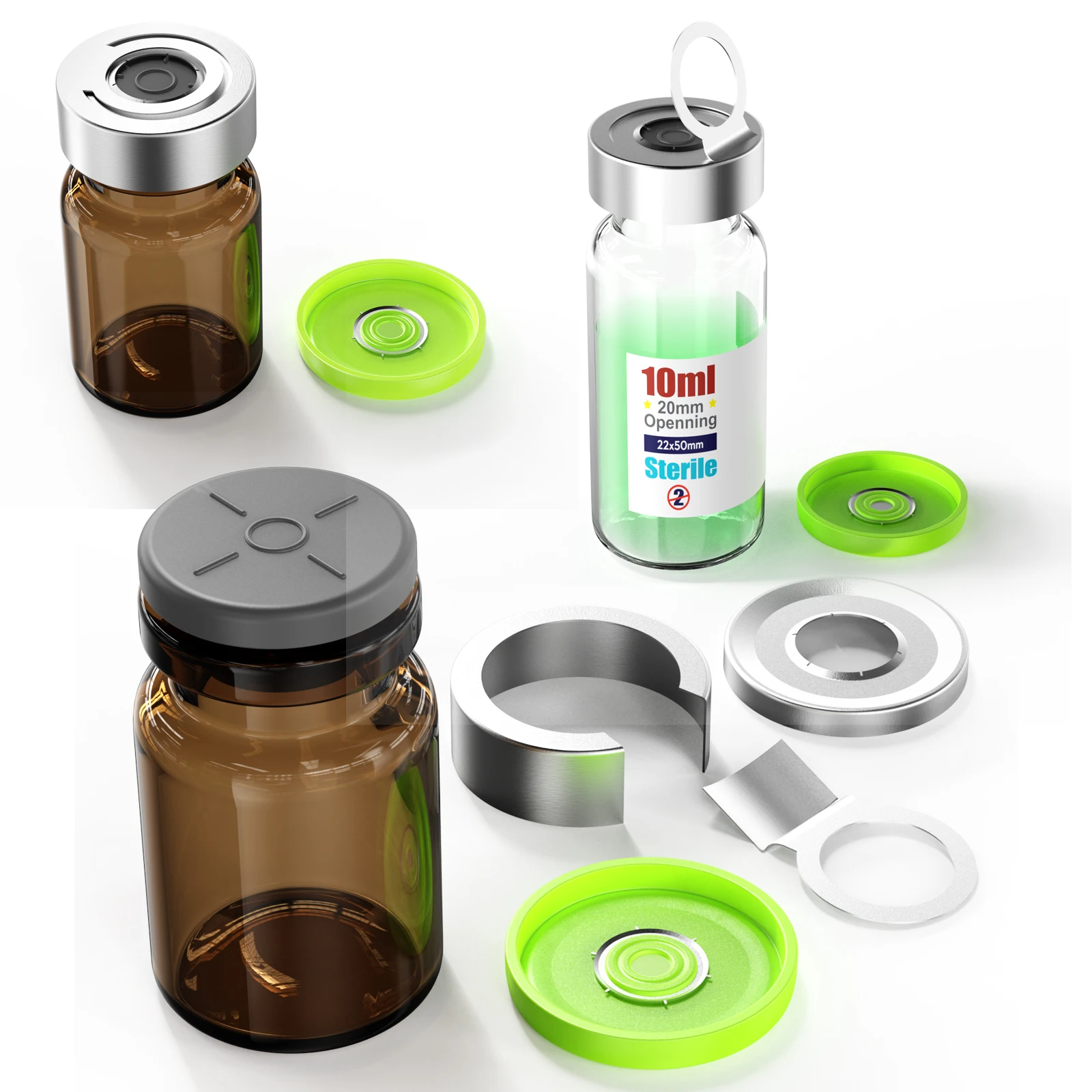 Sterile Empty Vial Sealing with 20mm Self Healing Injection Port and Burr-Free Tear off Plastics Aluminum Cap, Glass lab bottle