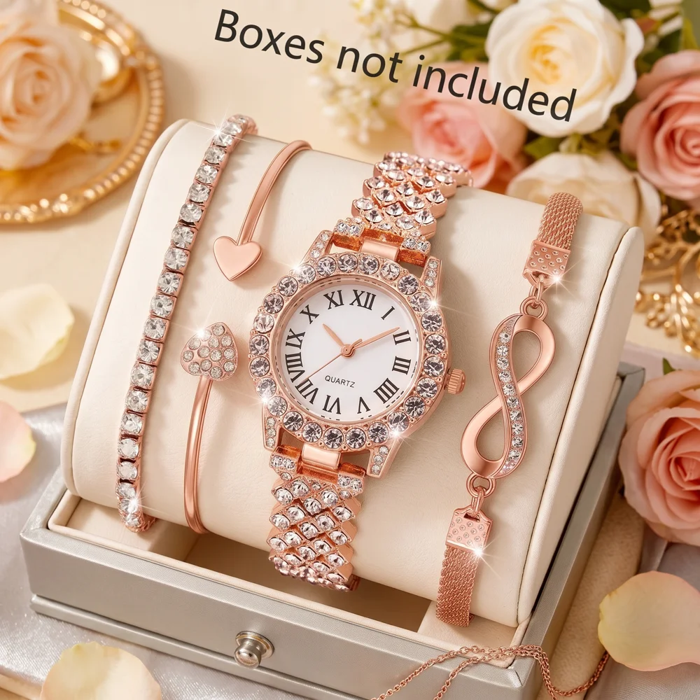 4Pcs/Set Unisex Jewelry Watches Women's Wristwatch Accessories Rose Gold Trendy Fashionable Elegant Classic Exquisite Light Luxury Rhinestone Luxury Quartz Watch Set Y2K Suitable for Daily Outfits Perfect Birthday Holiday Gift