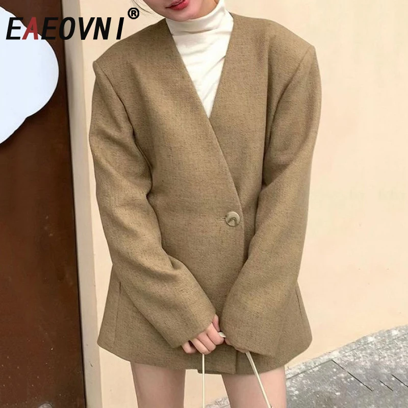 

EAEOVNI винтажный женский пиджак цвета хаки, модное пальто с v-образным вырезом и пуговицами, пальто с длинными рукавами и талией, верхняя одежда, новинка осени 2023 г.