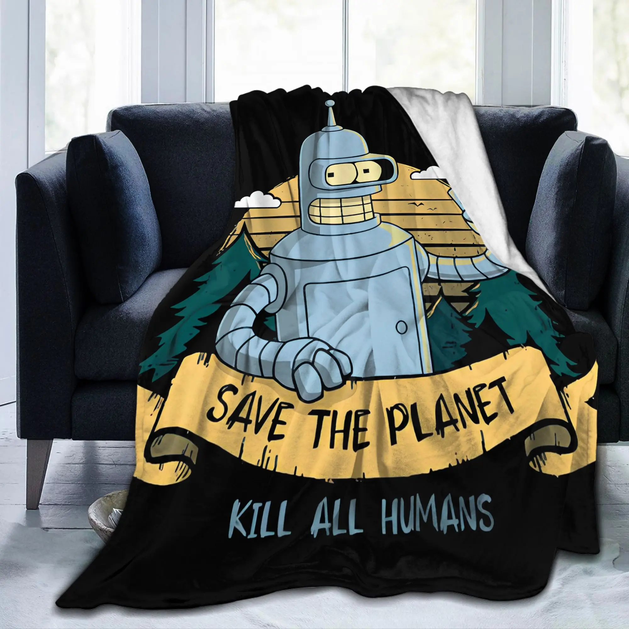 Bendered Save the Planet Kill All Humans Blankets Cartoon Fuzzy Funny Breathable Throw Blanket for Home Spring Autumn Travel