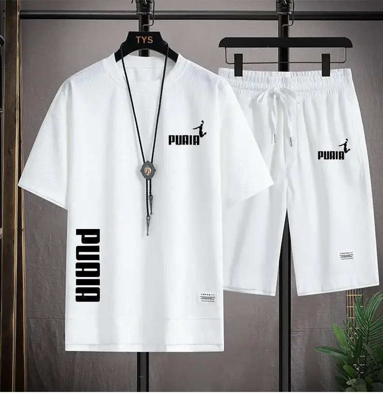 

M-3XL Summer Men's clothing Fashion sports short-sleeved round neck T-shirt + five-point shorts Casual jogging 2-piece set