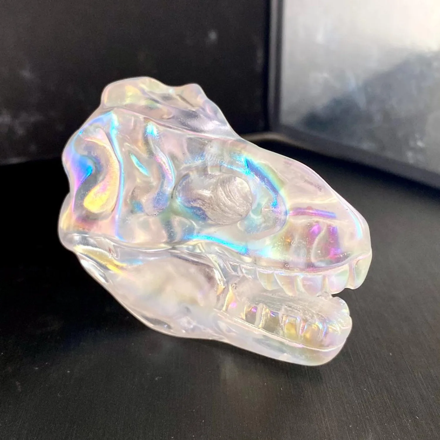 Angel Aura Smelting Stone Tyrannosaurus Skull Carved - Artificial Quartz Dinosaur Figurine, Healing Home Decor, Holiday Gifts