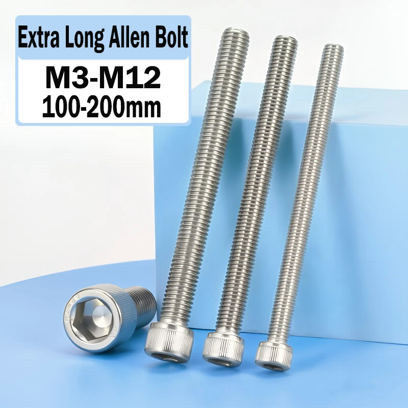 304 Stainless Steel Hex Socket Head Cap Screws DIN912 Fully Threaded M3 M4 M5 M6 M8 M10 M12 X 100-200mm Long Bolts