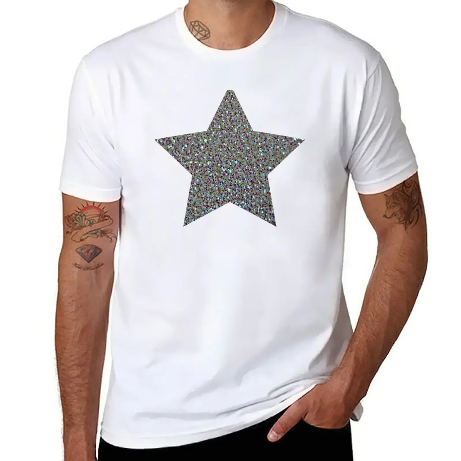 Silver Glitter Macro Star T-Shirt vintage clothes sublime hippie clothes slim fit t shirts for men 2024 heavyweight new arrival