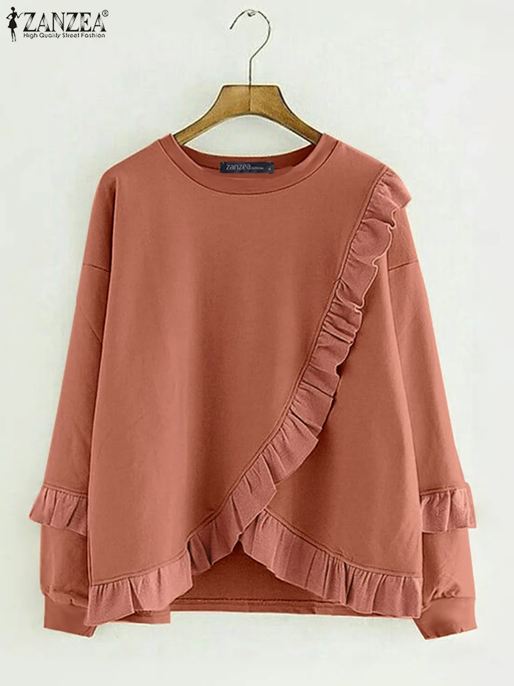 2024 Long Sleeve Loose Knitted Hoodies ZANZEA Women O-Neck Simple Sweatshirts Casual Loose Ruffled Edge Pullovers Femme Jumpers