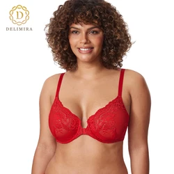 DELIMIRA Damen-BHs mit Vorderverschluss, Spitze, Blumenmuster, transparent, sexy, Übergröße, vollständige Abdeckung, tiefes Bügel, ungefütterter BH, B, C, D, DD, E, F