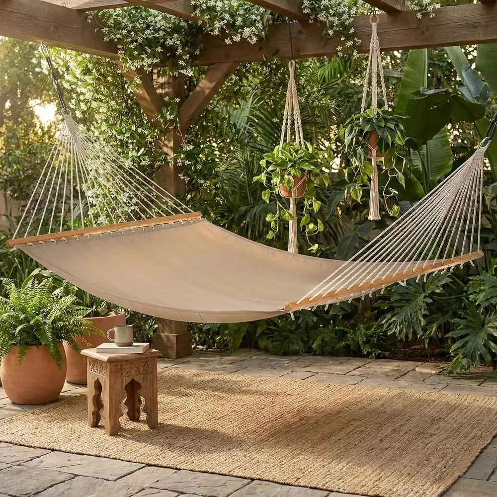 Two-Person Recycled Polyester Hammock - Khaki - Suitable for Indoor/Outdoor, Quick Dry, 460 lbs Capacity - Ideal for Patio, Pool