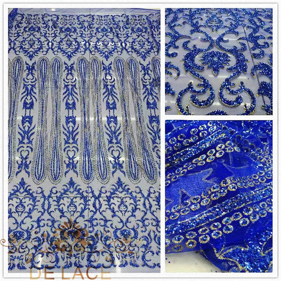 

JC Gorgeous Royal Blue Heavy Industry Mesh Nail Drill Rhinestone Lace Shining Glitter Wedding Dress Lace Fabric