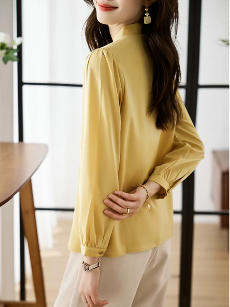 #3222 Yellow Office Shirts Stand Collar Split Joint Ruffles Chiffon Blouse Femme Long Sleeve Elegant Single Breasted Shirt Women