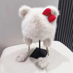 Winter Women Warm Hat Korean Sweet Bowknot Plush Bomber Cap Windproof Ear Protection Cute Pom-pom Beanie Fluffy Ski Russia Hat