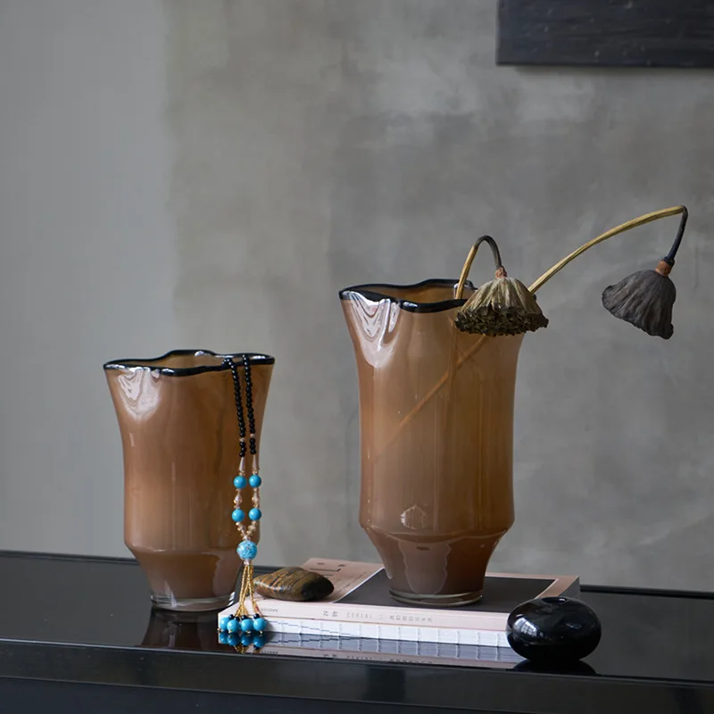 Handmade Brown Glass Vase, Black Edge Creative Folded Rim Wide Mouth Vase for Nordic Mid-Century Modern Home Tabletop Decor