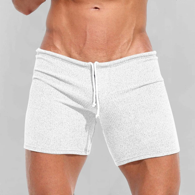 Summer Breathable Soft Comfort Ribbed Shorts Mens Sleepwear Elastic Slim Fit Mens Shorts Solid Color Drawstring Lace-up Shorts