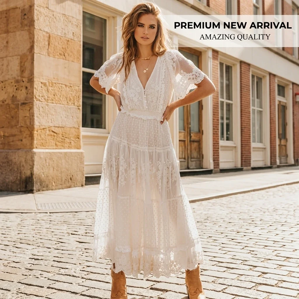 Lace Dress Women V-Neck Short Sleeve Embroidery Boho Summer White Maxi Dress